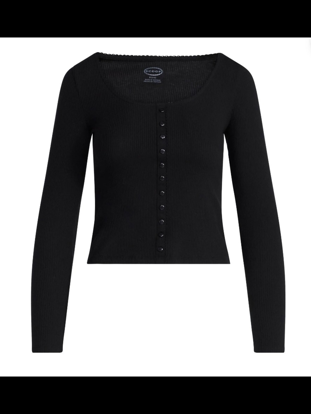 Scoop Black Ribbed Button-Front Long Sleeve Top-XS